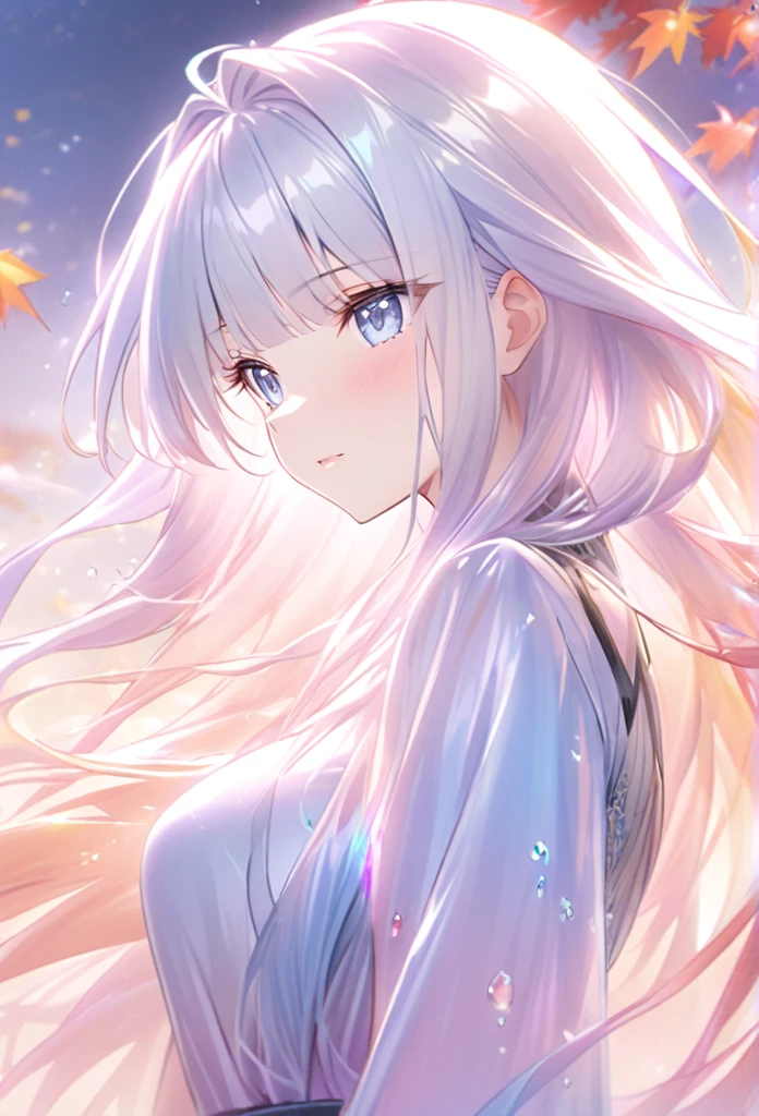 Agnes Cecil's《woman》, Luminous design, pastel colors, ink drops, autumn lights, white red hair, long hair