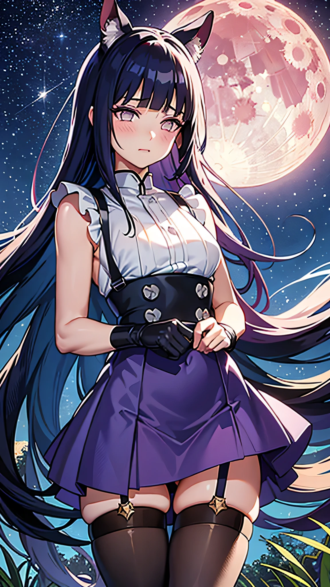 Masterpiece, top quality, best quality, official art, beautiful and aesthetic, anime, 1girl,extremely detailed, colorful, more detailed ((ultra-detailed)), (highly detailed CG illustration),(small breast:1.2),hyuuga hinata, hinata-sleeveless-outfit,village, evening, moon,stars,starfalls,from behind, bend over, stockings, stocking suspender