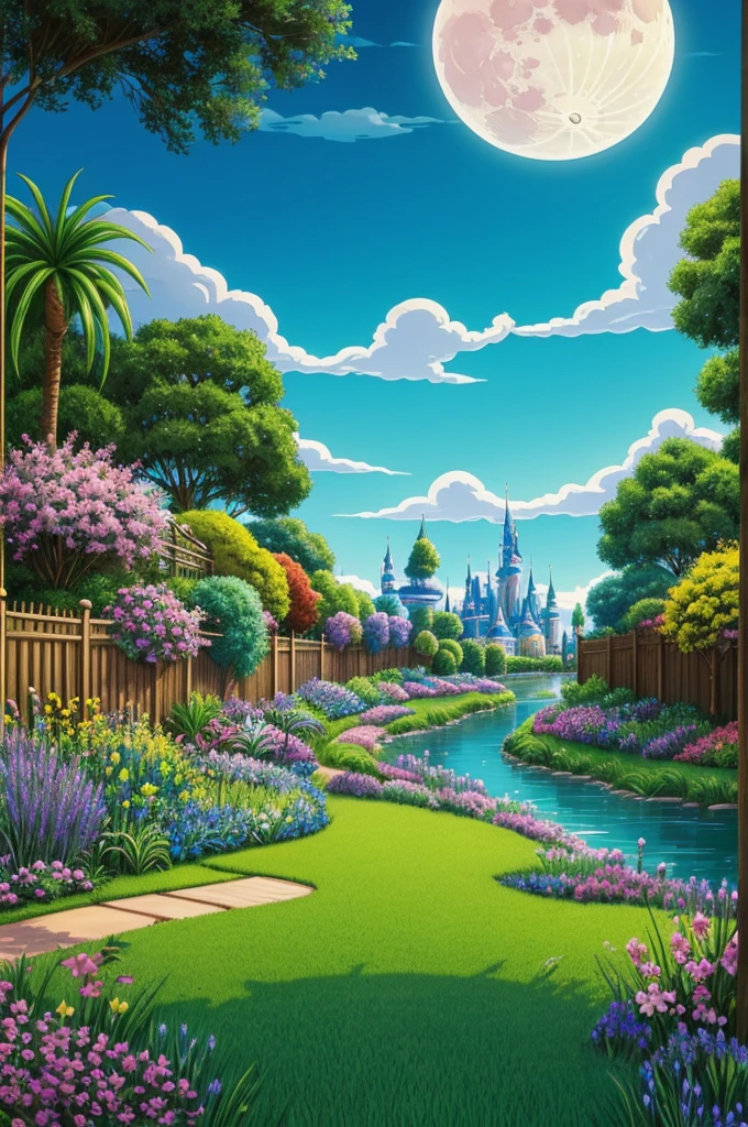 Cartoon style
Dreamlike landscape
Colorful grass and plants
Vivid flowers
Moon in the sky
Deep blue sky
Banner format
Left side: fence made of plants
Right side: river
Disney style