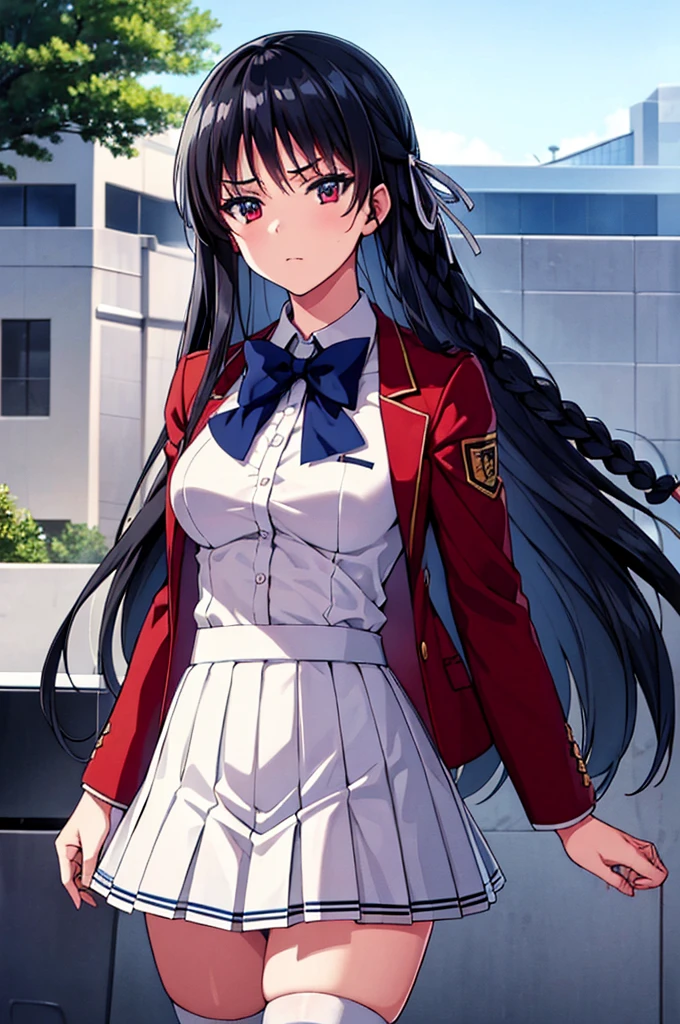 (masterpiece), (ultra detailed), best illustration, super fine illustration, (official art:1.2), (anime screencap:1.2), detailed beautiful face and eyes, anime keyvisual, (perfect anatomy:1.5), 8k portrait, 
1girl,
Suzune Horikita \(youjitsu\),
long hair, braid, 
black hair, 
red eyes, slant eyes, small eyes, 
blue bow, 
medium breasts, (red jacket, white skirt, shirt formal, pleated skirt, black thigh-high socks),
BREAK looking at viewer, 
cowboy shot, 
perfect light, 
background of outdoor, school building, 