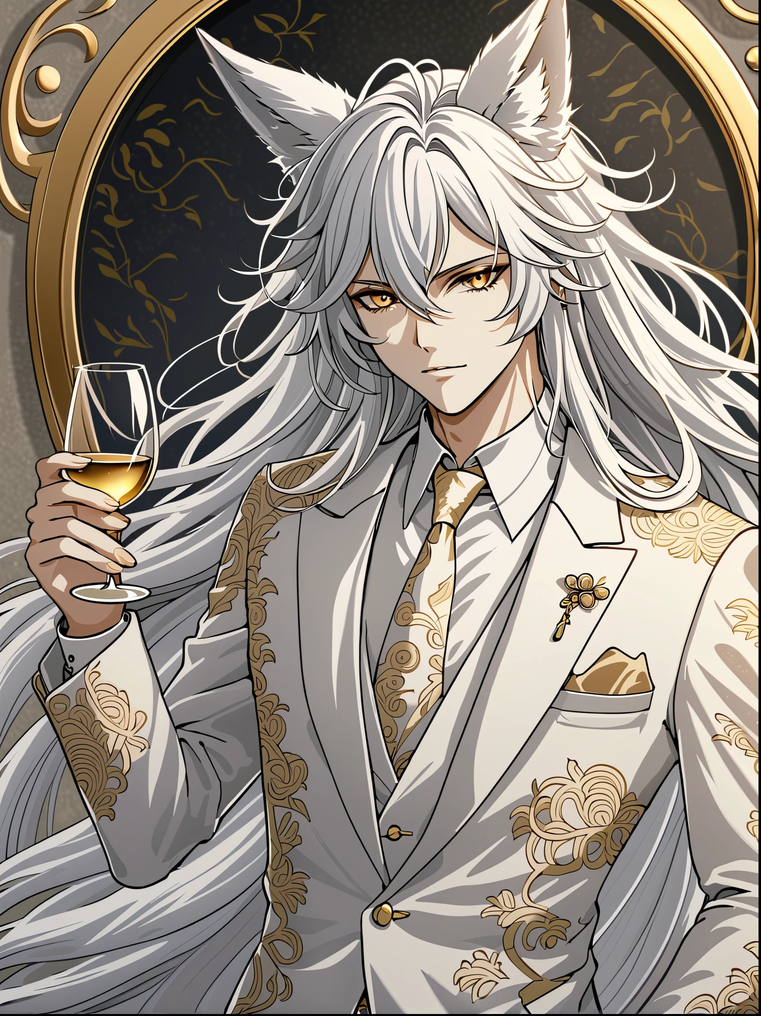 ((Best quality)), ((masterpiece)), (detailed), ((perfect face))、a man,  Silver-haired male character。She has long flowing hair and piercing golden eyes.。It has white fox ears on its head。
expression: 真剣なexpressionをしています。
He was wearing a gorgeous host-style suit.、Holding a wine glass in one hand。The suit is detailed、Contains intricate patterns and textures。
 The colour scheme is based on white and gold.、Detailed shading on the character&#39;s hair and suit。
background: backgroundはシンプルで白一色ですが、Designed to highlight character details。
 In an anime-style style、It features delicate linework and soft shading.。It has realistic yet stylish elements.、Subtle gradients and textures are used。
The character exudes a calm and collected atmosphere.、It gives a slightly mysterious and fantastical impression.。