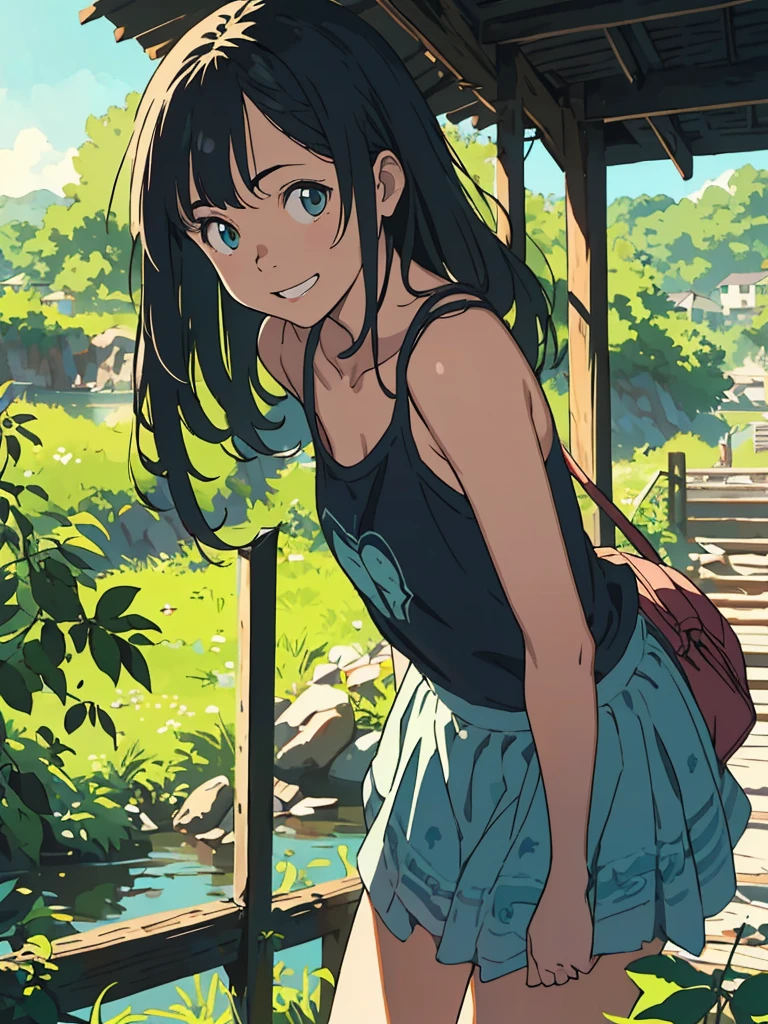 reasonable design, Clear lines, High Sharpness, (highest quality,8K,Perfect sharpness,Ultra fine,High resolution,masterpiece:1.2), Perfect Anatomy:1.5, Official Art, Illustrations that tell a story, (Whitish background:0. 9)、Body Positivity、More Mr.Physical expression、(Random and mischievous poses)、Perfect beauty、Perfect beautiful face、Strong winds、A rich expression、Dynamic composition、smile、Golden ratio composition、colorful、(Mr.Different angles and perspectives)、anime art、mini skirt、(Overcoming stereotypes)、 Glowing Skin、(Natural beauty)、smile、bangs、Straight Hair、(Soft and flowing hair)、(Rural Scenery)、(Nostalgic atmosphere)、Insert up to the thighs、(Playful and carefree)、(More Mr.Ethnic characters)、(innocent attitude)、(Sunny atmosphere)、Skirt flipped up、(Bright colors)、Belly button exposed、Beautiful Eyes、A skirt fluttering in the wind、Put it in to your feet、Some composition patterns、Tank top、ル、sensuous、Geometric pattern、