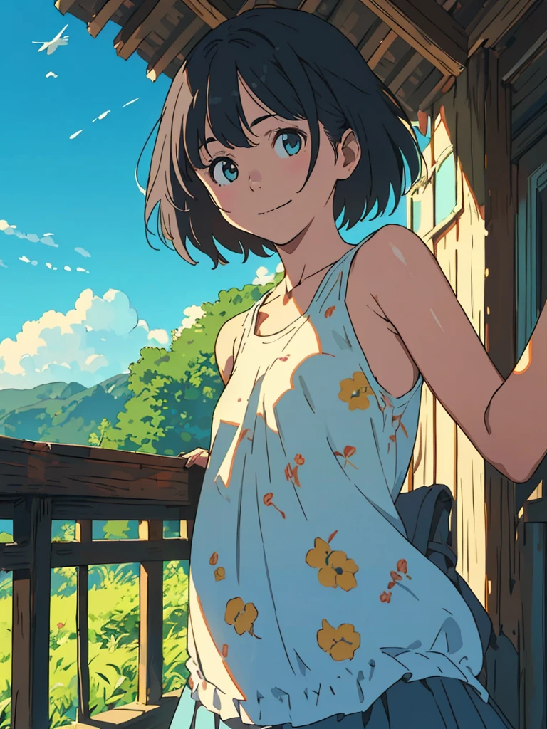 reasonable design, Clear lines, High Sharpness, (highest quality,8K,Perfect sharpness,Ultra fine,High resolution,masterpiece:1.2), Perfect Anatomy:1.5, Official Art, Illustrations that tell a story, (Whitish background:0. 9)、Body Positivity、More Mr.Physical expression、(Random and mischievous poses)、Perfect beauty、Perfect beautiful face、Strong winds、A rich expression、Dynamic composition、smile、Golden ratio composition、colorful、(Mr.Different angles and perspectives)、anime art、mini skirt、(Overcoming stereotypes)、 Glowing Skin、(Natural beauty)、smile、bangs、Straight Hair、(Soft and flowing hair)、(Rural Scenery)、(Nostalgic atmosphere)、Insert up to the thighs、(Playful and carefree)、(More Mr.Ethnic characters)、(innocent attitude)、(Sunny atmosphere)、Skirt flipped up、(Bright colors)、Belly button exposed、Beautiful Eyes、A skirt fluttering in the wind、Put it in to your feet、Some composition patterns、Tank top、ル、sensuous、Geometric pattern、