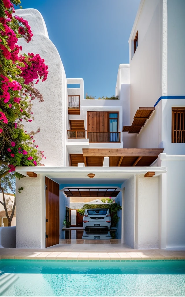 (1 santorini style house, The town house is made from white walls and some walls are painted bright blue)), beautyful light, beautyfulday, sunny, Many red bougainvilleas along the road:1.3, lovely youthful feeling :1.2, sunlight at 12 noon, Very beautiful shadows