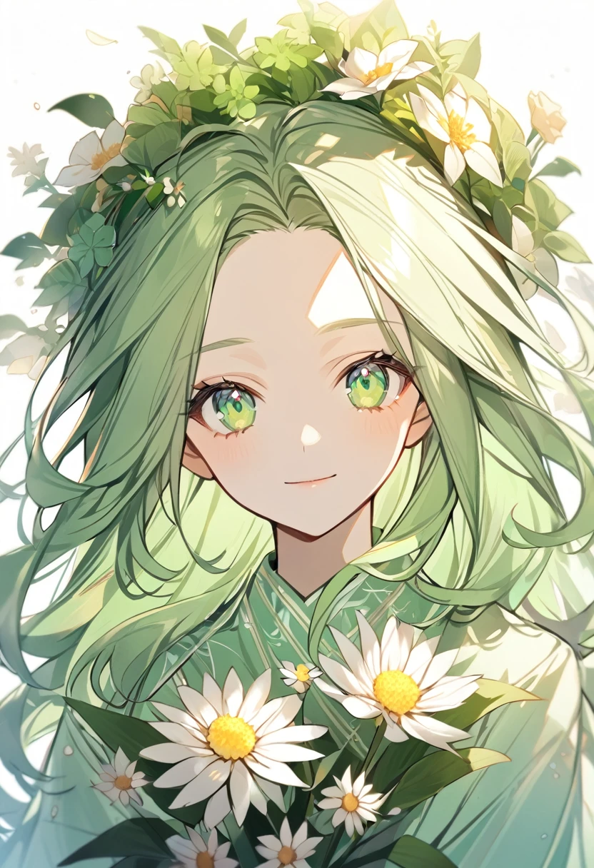 1girl, solo,light green eyeliner, green dress,light green long perm hair,sparkling light green eyes,light smile ,has a few flowers,white background,(forehead),from front