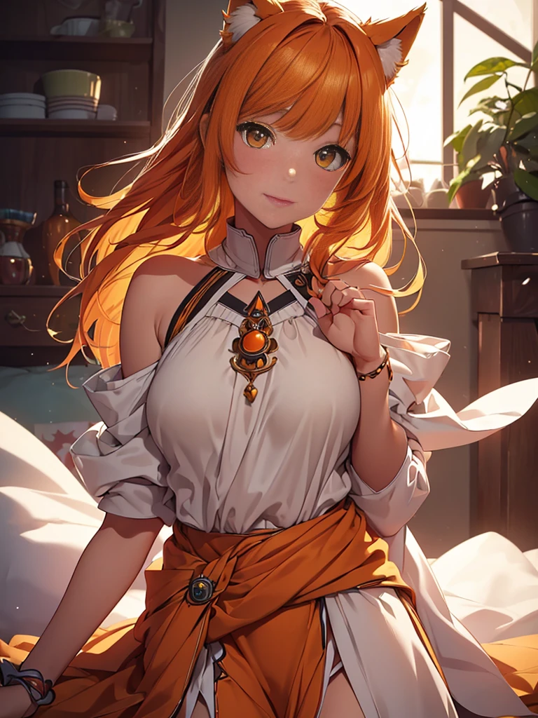 a young girl with shoulder length orange hair, yellow eyes, wearing a simple tunic, orange fox ears with a white tip, orange fox tail with a white tip, detailed face, detailed eyes, detailed lips, beautiful girl, adorable, cute, fantasy, magical, whimsical, vibrant colors, natural lighting, (best quality,4k,8k,highres,masterpiece:1.2),ultra-detailed,(realistic,photorealistic,photo-realistic:1.37)