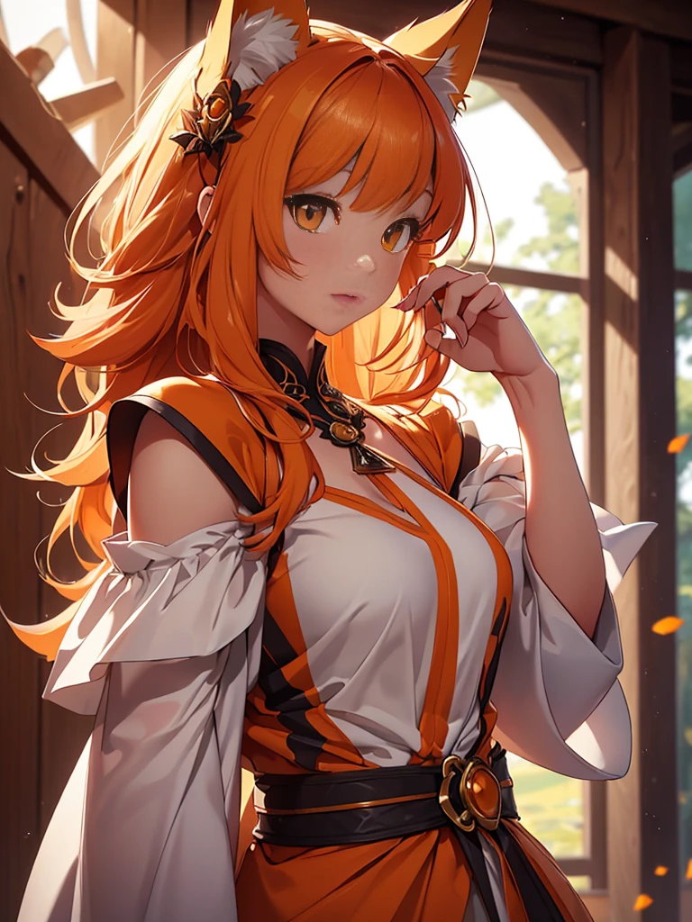 a young girl with shoulder length orange hair, yellow eyes, wearing a simple tunic, orange fox ears with a white tip, orange fox tail with a white tip, detailed face, detailed eyes, detailed lips, beautiful girl, adorable, cute, fantasy, magical, whimsical, vibrant colors, natural lighting, (best quality,4k,8k,highres,masterpiece:1.2),ultra-detailed,(realistic,photorealistic,photo-realistic:1.37)