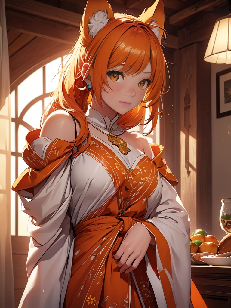 a young girl with shoulder length orange hair, yellow eyes, wearing a simple tunic, orange fox ears with a white tip, orange fox tail with a white tip, detailed face, detailed eyes, detailed lips, beautiful girl, adorable, cute, fantasy, magical, whimsical, vibrant colors, natural lighting, (best quality,4k,8k,highres,masterpiece:1.2),ultra-detailed,(realistic,photorealistic,photo-realistic:1.37)