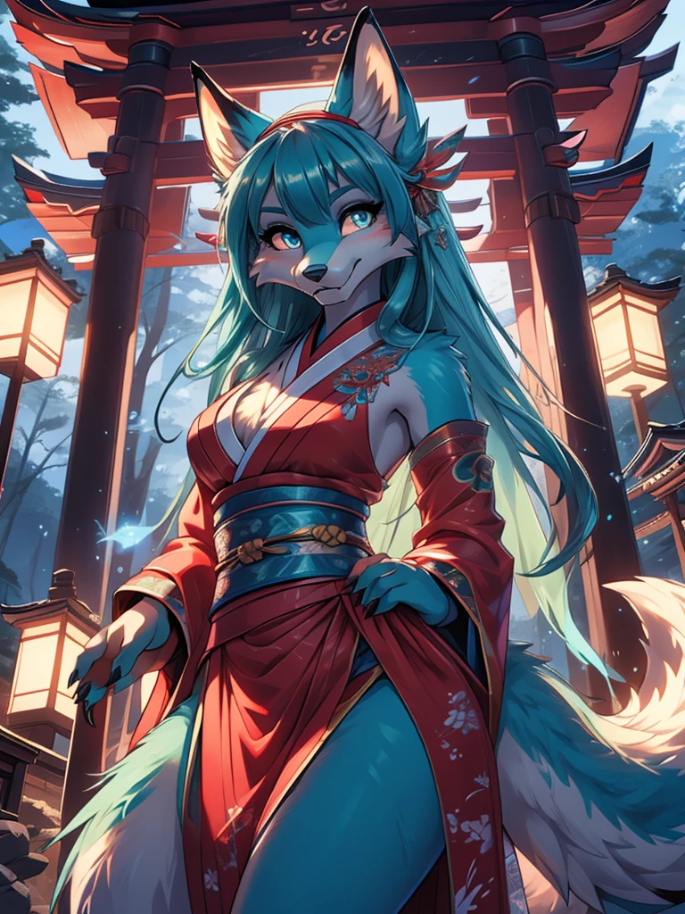 Miku Hatsune x vixen high definition good anatomy add_detail:1, blue fur,kitsune ears, tribal tattoo add_detail:1, cute girl add_detail:1, feudal priestess clothing add_detail:1, japanese shrine landscape add_detail:1, japanese shrine costume add_detail:1, add_detail:1, fullbody  descalza add_detail, highly detailed face, deep aqua iris add_detail:1 lighting eyes add_detail:3, wolf claws, sharp fangs add_detail:1, wild slut add_detail:1, aura of resplendent light add_detail:3, magic aura add_detail 