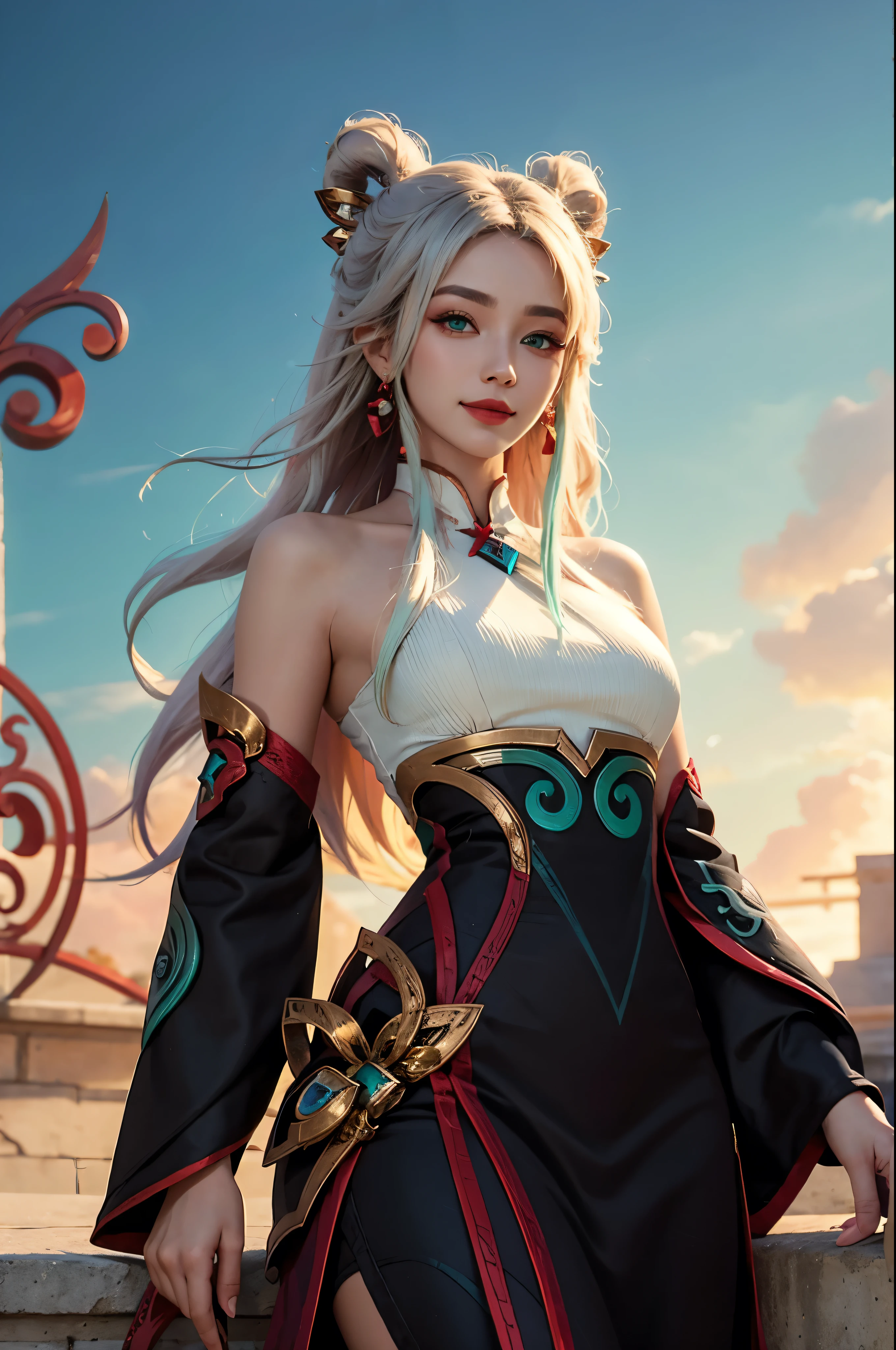 (masterpiece, best quality:1.2), intricate details, mythmaker irelia, 1girl, hair ornament, hair rings, bare shoulders, dress, detached sleeves, forehead mark, multicolored hair, white hair, earrings, green eyes, textured skin, looking at viewer, solo, light smile, (mature female:1.2)