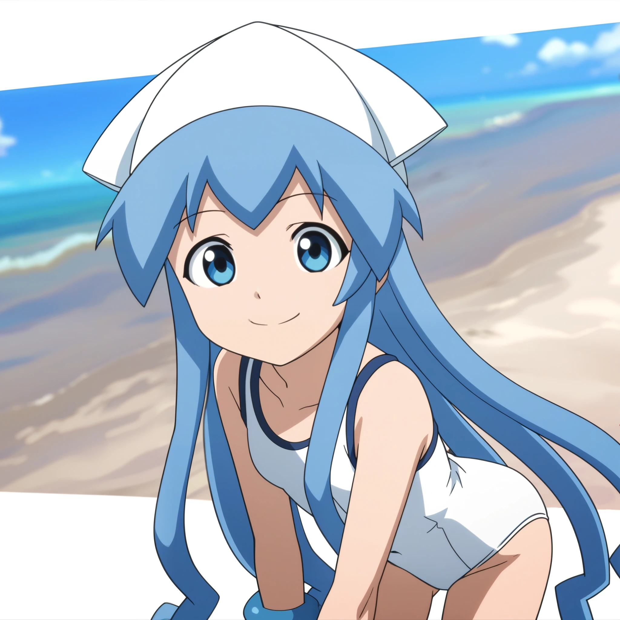 score_7_up, score_6_up, source_anime, anime screencap,anime coloring, ikamusume, white swimsuit, blue hair, blue eyes, blue bracelet, squid hat, tentacle hair, one-piece swimsuit, ocean background, bent forward, looking at viewer, smile,