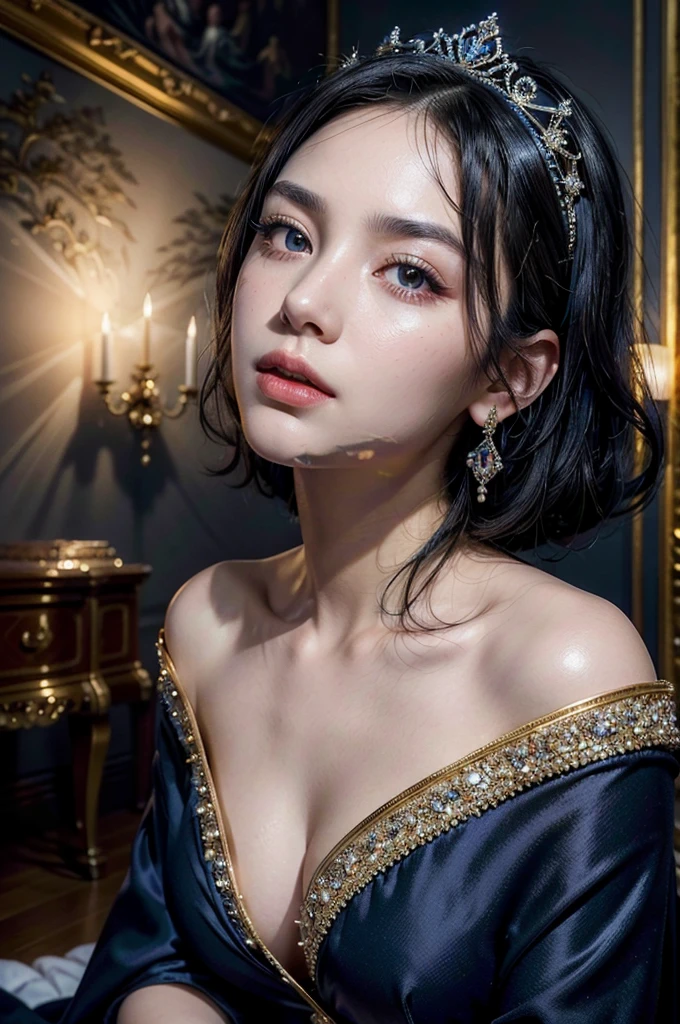 a beautiful woman in an exquisite, opulent, and glittering dress with luxurious decorative elements on a navy blue background, the dress adorned with red accents, the woman wearing a small tiara on her head and a navy blue cape on her back, she has short black hair and is kneeling sideways, with a castle wall in the background, (best quality,8k,highres,masterpiece:1.2),ultra-detailed,(realistic,photorealistic,photo-realistic:1.37),detailed eyes,detailed lips,extremely detailed face,long eyelashes,elegant,regal,grand,dramatic lighting,dramatic colors,cinematic,japanese famace female idol