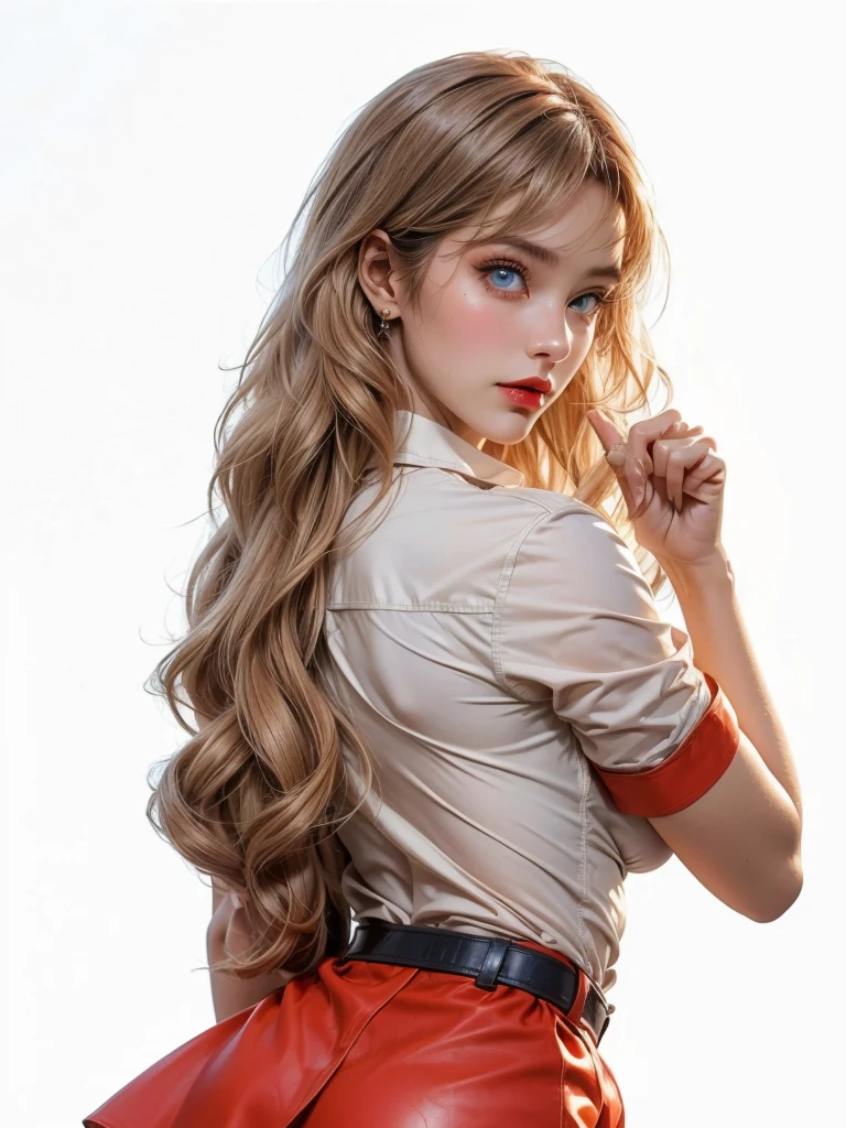 Detailed woman's face looking at the camera, blue eyes, (brown curly hair: 1.2), bangs, flight attendant, flight attendant uniform, red tight leather skirt, light and shadow, sunlight shining on the body, correcting deformed fingers, realistic, sharp eyes, ((eyes looking at the camera)),1 female、(Super beautiful)、(Pretty Face:1.5)、(A European stewardess1.5)、(Brown curly hair1.2)、(Bangs:1.1)、(Red leather skirt:1.1)、(Flight attendant uniform)、(Tailored Jackets)、(Solid Navy Mini Skirt)、(Brown wavy hair:1.2)、High heel、(Dark Makeup),Smooth and delicate skin,Sweat on the skin,(Masterpiece: 1.4), (8000, Realism, RAW photo, best quality: 1.4), (1 girl), beautiful face, (lifelike face: 1.4), (brown wavy roll: 1.3), beautiful hair style, beautiful and meticulous eyes, (best proportion eyes: 1.5), attractive, ultra-high resolution, surRealism, very detailed, best aspect ratio, (meticulous face: 1.4), looking at the audience, red lipstick, (best finger proportion: 1.5), (a beautiful stewardess looking at the camera), [(18 years), whole body, (lifelike blue eyes: 1.2), (strength display In describing the behavior of female superman, (very good, very good: 1.4),