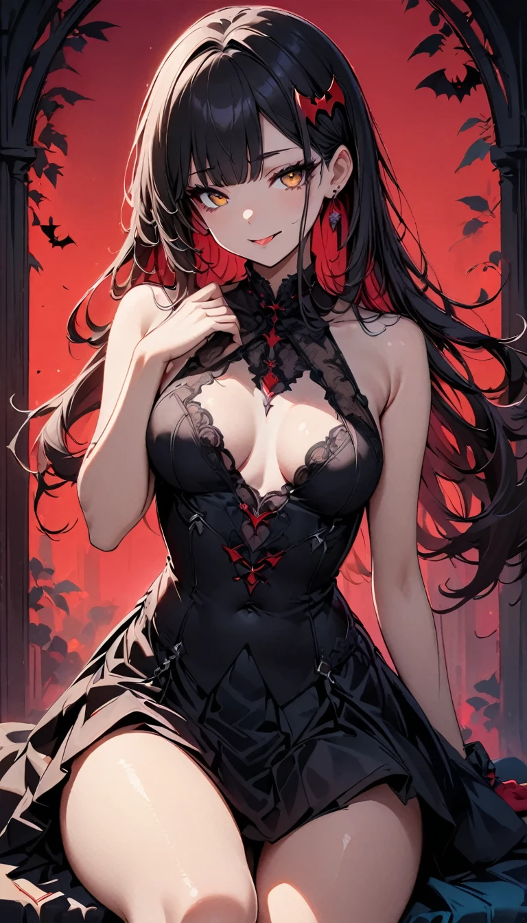 black long hair, blunt bangs,(middle breasts),((ong hair,Jet black, Jet black hair: 0.7),(ultra-detailed eyes, beautiful and detailed face, detailed eyes: 0.9), ,((full shot)), , longeyelashes, beautiful hair, beautiful face, beautiful detailed eyes, beautiful clavicle, beautiful body, beautiful chest, beautiful thigh, beautiful legs, beautiful fingers, unity 8k wallpaper, anatomically correct, (((masterpiece))), (((best quality))), (((ultra detailed))), (((high-resolution))), 1girl, :p, bare shoulders, bat hair ornament, shy, earrings, eyeshadow, gloves, hair behind ear, hair ornament, hand up, jewelry, lam-style, long hair, looking at viewer, makeup, portrait, red background, red gloves, sleeveless, smile, solo, tongue, tongue out, vampire, yellow eyes,face up,Close up,