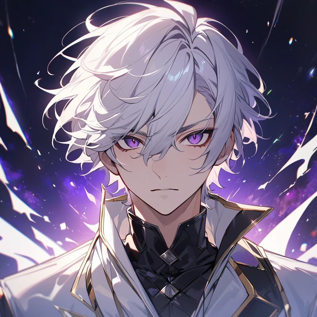 High quality, HD, 4k, no shadows, handsome male, 1male, 17 years old, teenager, golden lining, short white hair, sharp eyes, dark purple eyes, deep purple eyes, devil may cry, close up, calm expression, stoic expression, black leather clothes, white leather clothing, lean body, well trained body, upper body, looking at viewer, cowboy shot, white solar, space background