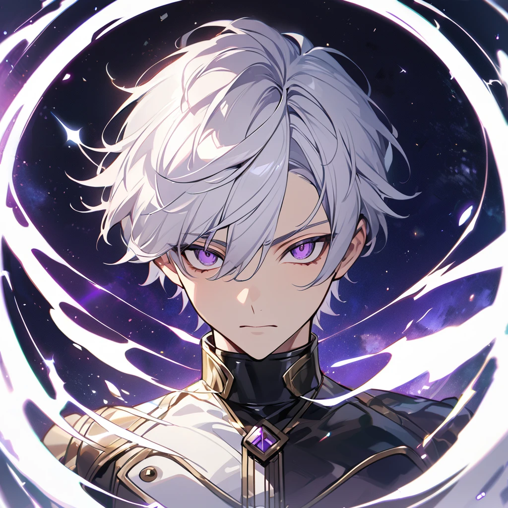 High quality, HD, 4k, no shadows, handsome male, 1male, 17 years old, teenager, golden lining, short white hair, sharp eyes, dark purple eyes, deep purple eyes, devil may cry, close up, calm expression, stoic expression, black leather clothes, white leather clothing, lean body, well trained body, upper body, looking at viewer, cowboy shot, white solar, space background