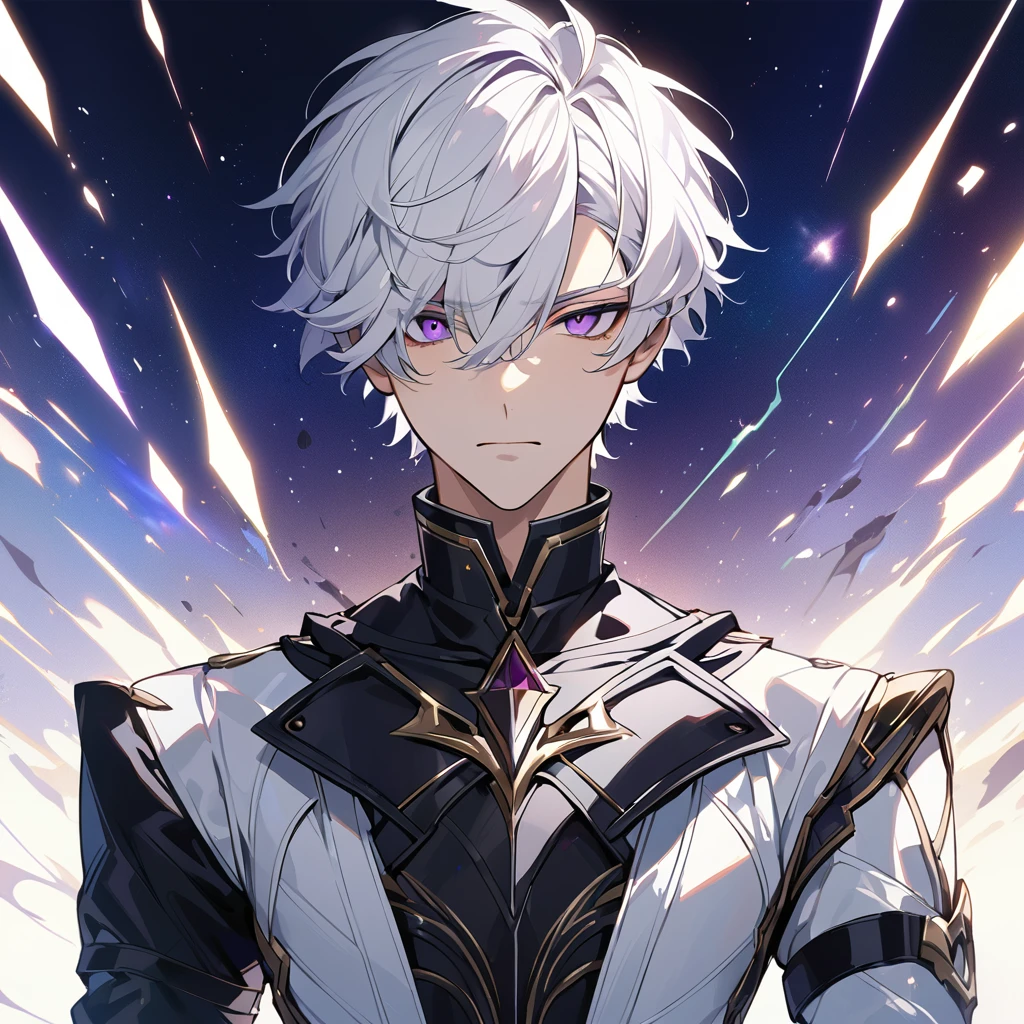 High quality, HD, 4k, no shadows, handsome male, 1male, , teenager, go lining, short white hair, sharp eyes, dark purple eyes, deep purple eyes, devil may cry, close up, calm expression, stoic expression, black leather clothes, white leather clothing, lean body, well trained body, upper body, looking at viewer, cowboy shot, white solar, space background