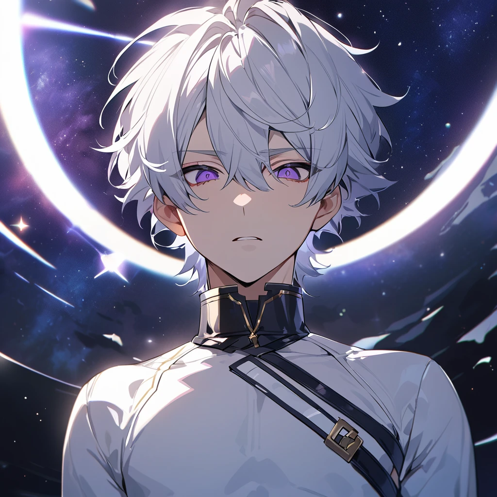 High quality, HD, 4k, no shadows, handsome male, 1male, 17 years old, teenager, golden lining, short white hair, sharp eyes, dark purple eyes, deep purple eyes, devil may cry, close up, calm expression, stoic expression, black leather clothes, white leather clothing, lean body, well trained body, upper body, looking at viewer, cowboy shot, white solar, space background