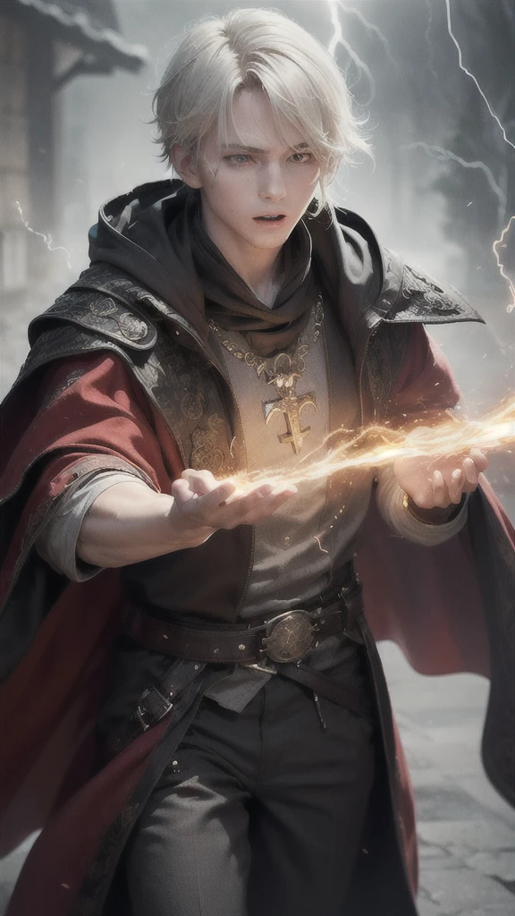 (skindentation:1.5), Realistic, Photorealistic, (masterpiece:1.5), concept art, intricate details, highly detailed, photorealistic, octane render, 8k, unreal engine, dynamic pose, best quality, highres, (realistic face:1.1), (hyperrealistic:1.1), ((full_body)), perfect eyes,(shiny skin:1.2), (((hairstyle))), (((perfect hands))), (extremely detailed background), ((dynamic background)), ((lightning)), (light rays), ((young 1boy)), wearing t shirts, (((flowing cloak))), ((detailed eyes, high quality eyes, high quality face)), (extremely intricate white robes, raincoat), hair, broken umbrella,rain, electricity, swirling fire, sparks, smoke, school,((dramatic)), epic, battlefield, depth of field, bokeh, 4k, gothic, ember, particles
