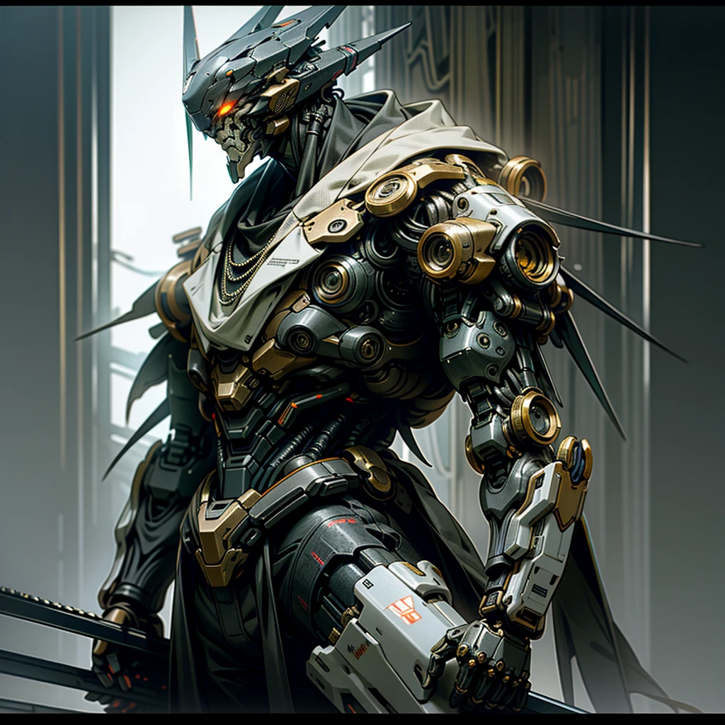 A cyberpunk warrior with a chain saw, detailed mechanical body, robotic presence, cybernetic guardian, dark fantasy atmosphere, 1 man, hyperrealistic, 8k, high quality, masterpiece, cinematic lighting, moody colors, dramatic composition