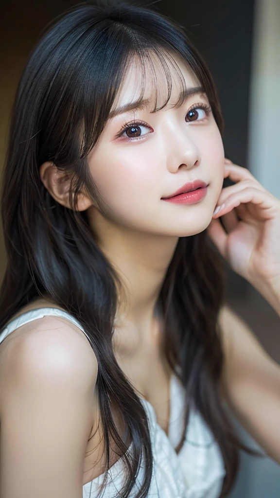 randome pose、(top-quality,​masterpiece:1.3,超A high resolution,),(Ultra-detail,Caustics),(Photorealsitic:1.4,RAW shooting,)Ultra-realistic capture,A highly detailed,High resolution 16K human skin closeup、 Skin texture is natural、、The skin looks healthy with an even tone、 Use natural light and color,1 girl,japanes,22year old,kawaii,Black Hair、Middle hair,,smil,,(depth of fields、chromatic abberation、、Wide range of lighting、Natural Shading、)、Looking up