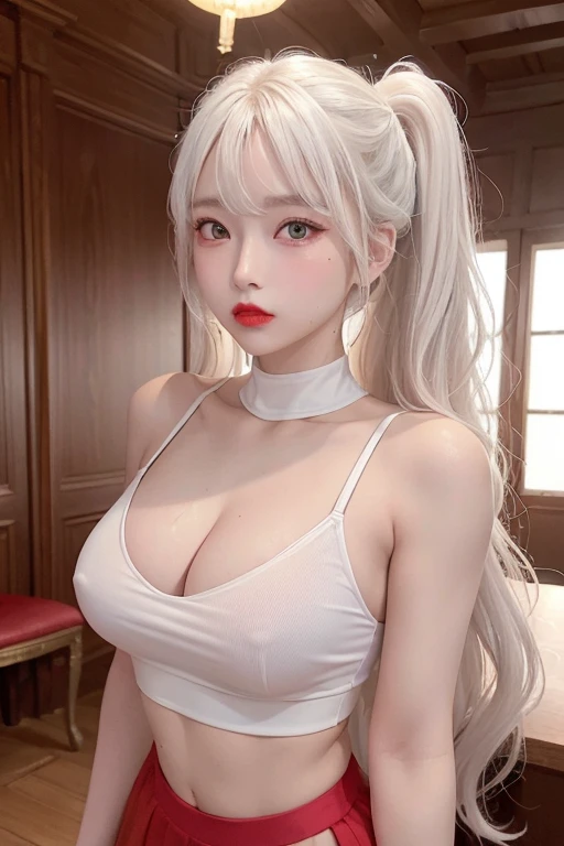 (masterpiece, Realistic, expensive resolution), ((1 girl): 1.2), Korean, ((White Wavy Hair): 1.3), (Heterochromia iridis: 1.1, Thick eyebrows,), (White hoodie with no front closure), ((Medium chest): 1.2, Narrow waist, texpensive), catwalk, masterpiece: 1.2, Highest quality), realism, (Actual Photos, Rich details, Depth of written boundary), (1 girl, alone), compensate, expensive detail, perfect face shape, (: 1.4), (Skin dents), thick texpensives, Wide Hips, Narrow waist, expensive, Coral, Red lips, Red eyes, ponytail (girl, shallow tulle, Tulletransparent), (Sweat: 1.2) , (Wet), sexy, blush, (Embarrassed look), sexy crop top, suspenders, Abdominal pocket, flowers on clothes, wearing super tight sexy boxers,