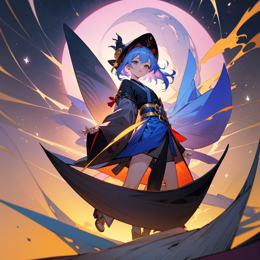 White Background, Blue Skirt，Solo Female, alone, (Kneel), (Kneel on white glass surface), (Cent, small), (White Background), (Witch Hat), curly, Looking at the audience, Panoramic View, vision, It begins with the night of the ark., Popular topics on Art Station pixiv, Arc Knight, pixiv Digital Art,The Detailed Art of the Onmyoji, Japanese anime fantasy illustration, author：Hero, Anime Art Wallpapers 8K, Sky Witch, pixiv style, anime art wallpaper 4k, anime art wallpaper 4k, (Clean background), Ink painting style，Beautiful colors，The decisive cut，広いblank領域, blank, space，masterpiece， Very sophisticated，A magnificent work，expensive、expensive品質，Highest quality，4K