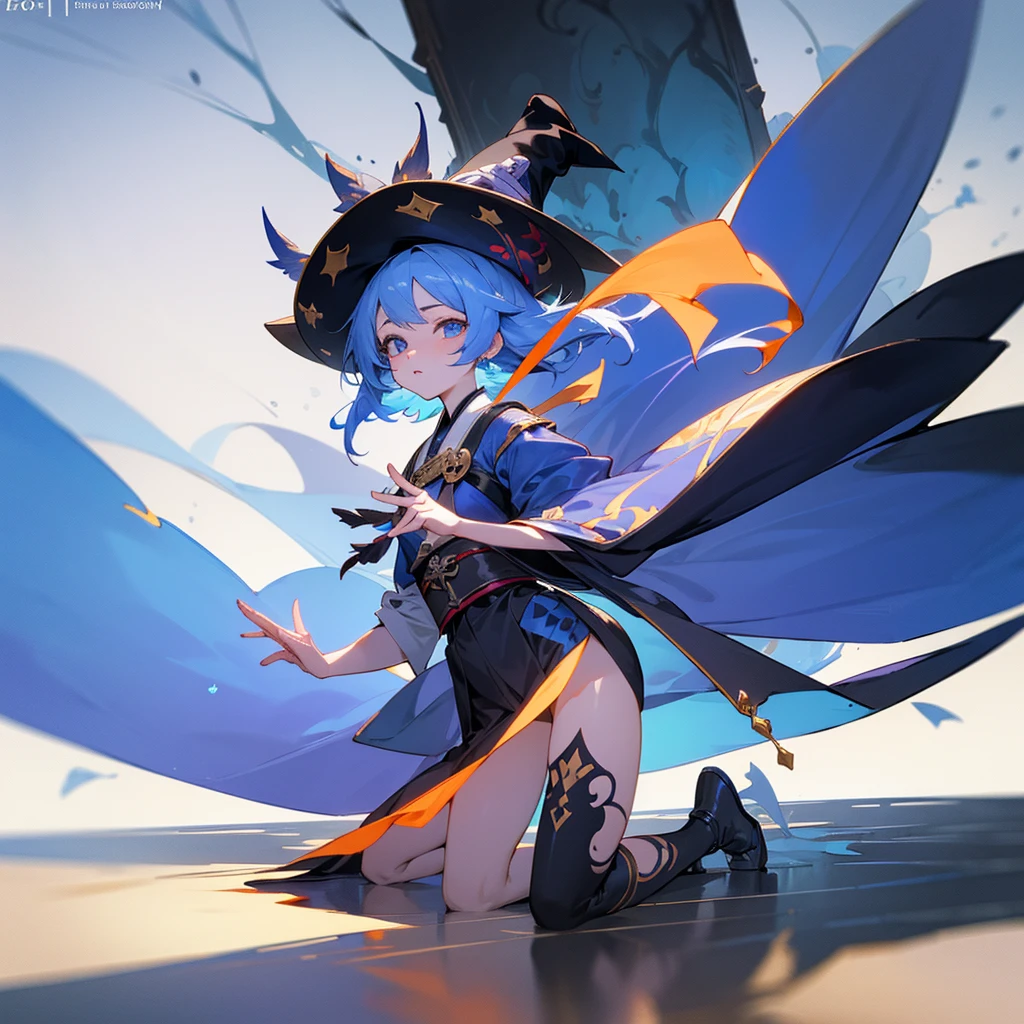 White Background, Blue Skirt，Solo Female, alone, (Kneel), (Kneel on white glass surface), (Cent, small), (White Background), (Witch Hat), curly, Looking at the audience, Panoramic View, vision, It begins with the night of the ark., Popular topics on Art Station pixiv, Arc Knight, pixiv Digital Art,The Detailed Art of the Onmyoji, Japanese anime fantasy illustration, author：Hero, Anime Art Wallpapers 8K, Sky Witch, pixiv style, anime art wallpaper 4k, anime art wallpaper 4k, (Clean background), Ink painting style，Beautiful colors，The decisive cut，広いblank領域, blank, space，masterpiece， Very sophisticated，A magnificent work，expensive、expensive品質，Highest quality，4K