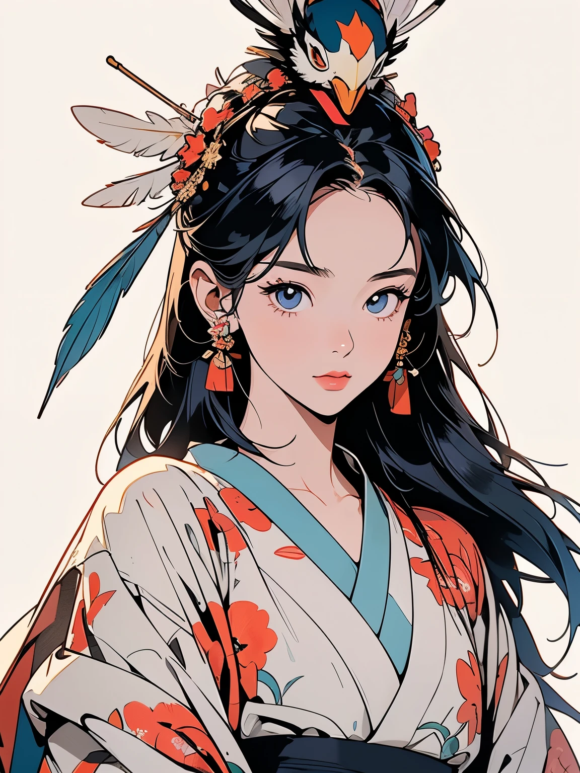 kimono, 完璧なkimono, 詳細なkimono, first-class, Super detailed, White background only, (((Super detailedな装飾))),One Woman, Perfect Face, Faint lighting, (((head shot))), Super detailedな髪、(((Sparkling Eyes))),mysterious, Golden Belt, The wind is blowing, Apparition, Japanese style, Panorama, Long Shot,  (((Narrow-eyed beauty))),(((Indian-style feather headdress on head))),Upper Body,(((複雑な瞳の模Mr.)))、(((He wears an intricate bird-head mask on his head.)))、A beautiful woman、Detailed face、Best quality face、Large feather ornament、Blue hair color、Mr.々Beautiful Face、Diverse variations、Mr.々Angle