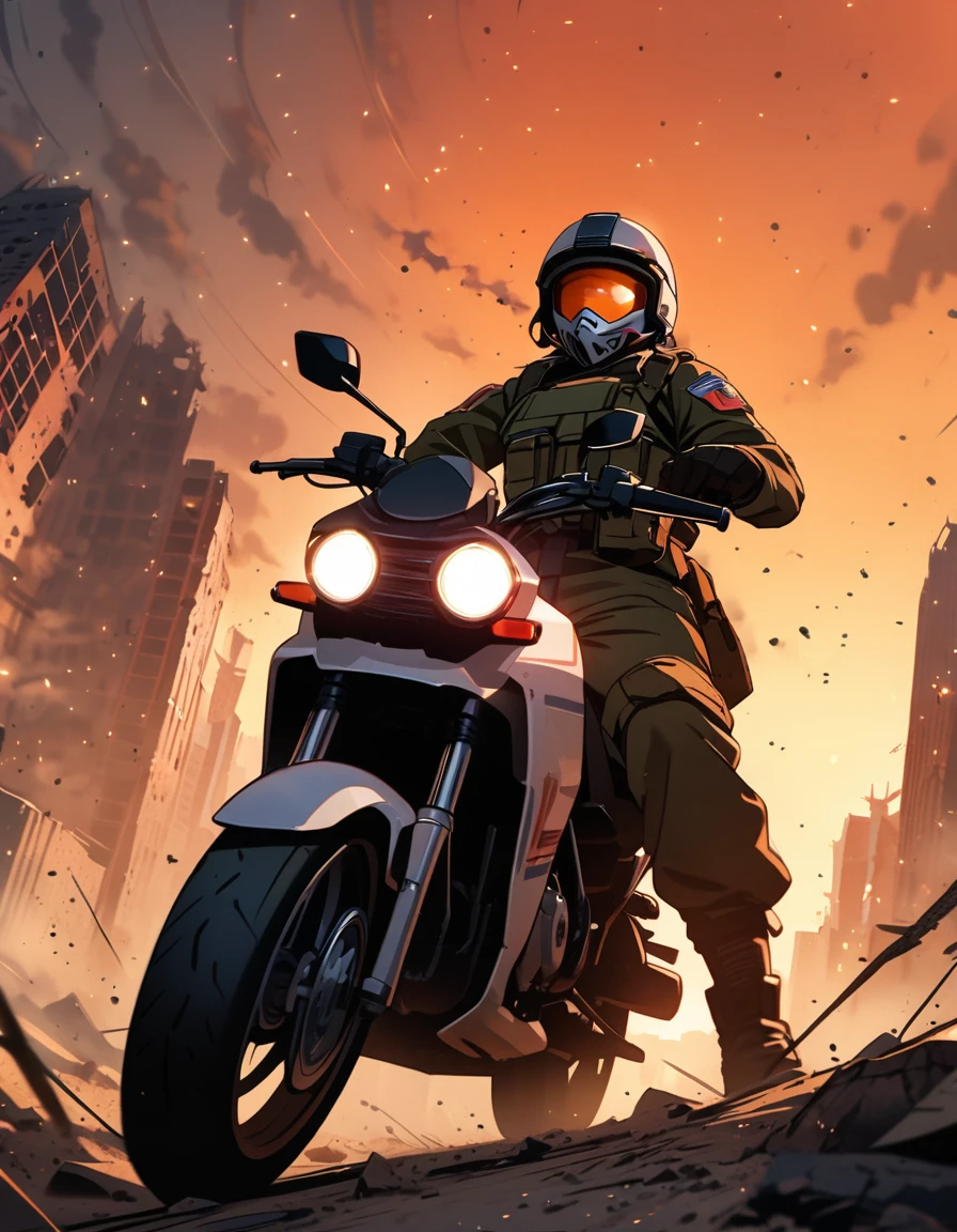 Female soldier riding a motorbike, City in Ruins, battlefield, Remains, cigarette, Orange sky, Dust, radiation, Starry Sky, From below, Wide-angle lens, Cinema Lighting, vague, Ultra Wide Angle, Highest quality, 8K