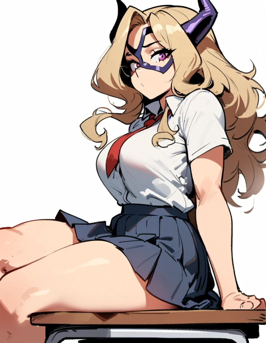 1girl, mount lady, boku no hero academia \\\\\ masterpiece, best quality, very aesthetic, absurdres, newest \\\\\\ sportive body,  \\\\\\  by dodok, nyantcha, cutesexyrobutts, by khyle ///// blonde, purple eyes,  (school uniform:1.2), skirt, , 24 years old, white background,tie,sit on desk, below view, 