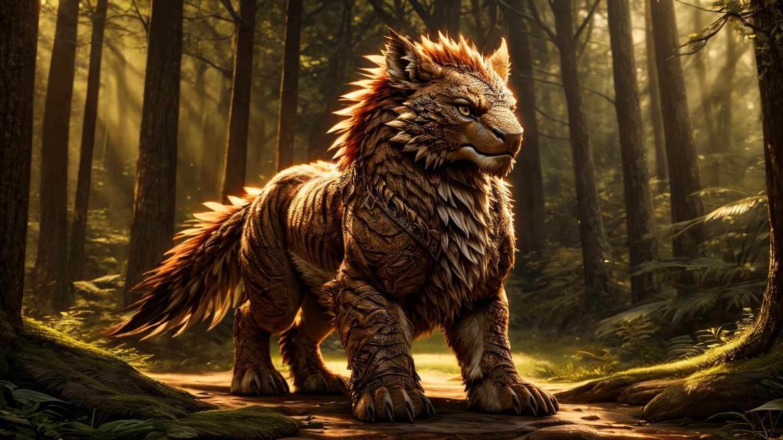 Masterpiece realistic, best high quality, perfect details, intricate details, nice lighting, detailed background, forest background, griffin, solo, standing, full body,