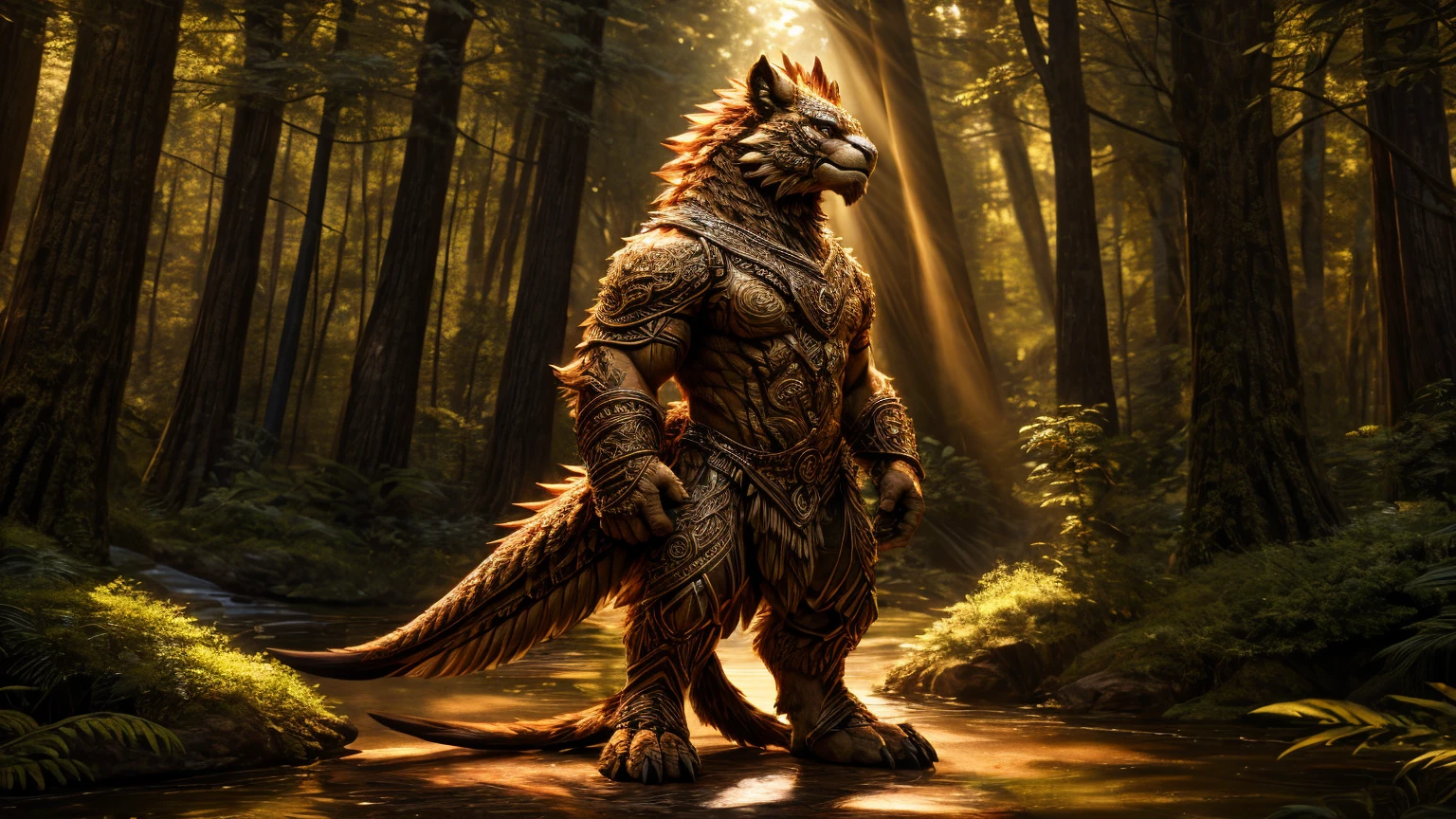 Masterpiece realistic, best high quality, perfect details, intricate details, nice lighting, detailed background, forest background, griffin, solo, standing, full body,