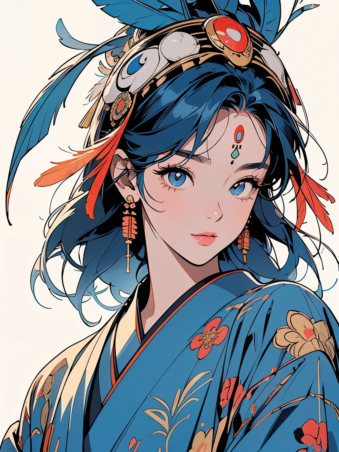 kimono, 完璧なkimono, 詳細なkimono, first-class, Super detailed, White background only, (((Super detailedな装飾))),One Woman, Perfect Face, Faint lighting, (((head shot))), Super detailedな髪、(((Sparkling Eyes))),mysterious, Golden Belt, The wind is blowing, Apparition, Japanese style, Panorama, Long Shot, (((Narrow-eyed beauty))),(((Indian-style feather headdress on head))),Upper Body,(((Complex eye pattern)))、(((He wears an intricate bird-head mask on his head.)))、A beautiful woman、Detailed face、Best quality face、Large feather ornament、Blue hair color、Feather decoration on eyelashes