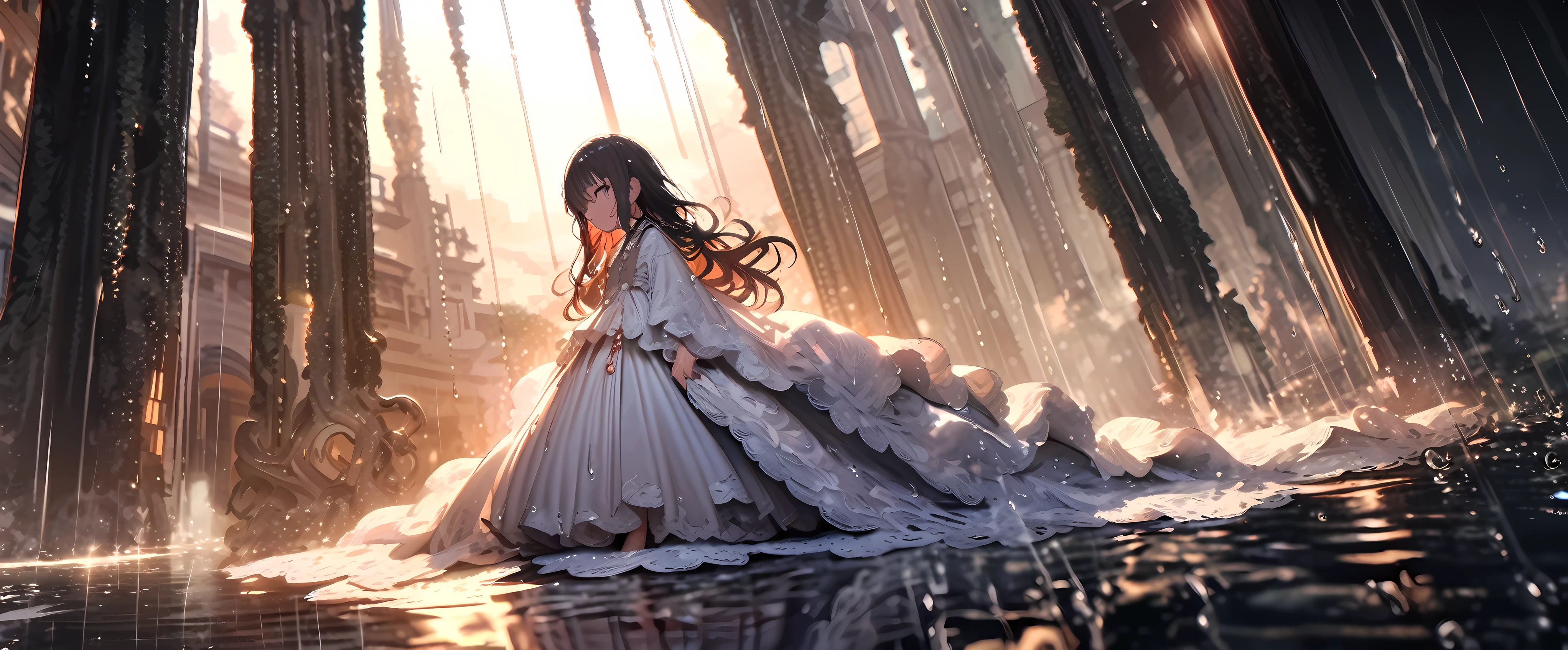 (full body), (solo), (A 7-year-old girl:1.2), (very young little girl), loli, (Solo), (small breast), (wide angle), raw photo, Aesthetic, Convoluted, Awarded, chiaroscuro, Best Quality, Detailed background, (Misty atmosphere:1.2), (hard rainy day:1.1),((Girl in very long white hanfu dress:1.2)), large white silk dress, long white hanfu with a silk texture, best wrinkles, real wrinkles, best shadows, (wet, wet body, wet hair, wet skin, very wet white dress, reflection on the wet dress, delicate cherry blossom embroidery, subtle water droplets:1.15), (water spray:1.1), In the heart of the rainstorm, the girl's white dress emerges as the central canvas of the scene. The fabric, once crisp and structured, now clings to her form with the weight of the rain. Each delicate fold and crease of the dress captures the essence of the downpour, transforming into a fluid silhouette that mirrors the contours of her body.

The dress, adorned with intricate lace and subtle embroidery, takes on a life of its own. The lace, once a pattern of air and light, now holds the rain's secrets, each loop and thread glistening with captured droplets that refract the ambient light into a spectrum of soft pastels.

As the girl moves, the dress responds with a lifelike fluidity, the hem swirling and eddying like a river in motion. The translucency of the wet fabric reveals the dance of shadows and light beneath, the contours of her legs hinted at through the sheer, rain-soaked layers.

The camera captures the dress from various angles, each revealing a different facet of its transformation. A close-up reveals the fabric's texture, the threads now plush with water, the weave of the lace taking on a new depth. The dress's surface is peppered with countless raindrops, each a tiny prism reflecting the world around it.

From a distance, the dress becomes a part of the larger tableau, its whiteness contrasting with the dark, rain-soaked ground. The camera zooms in to capture the way the fabric clings to