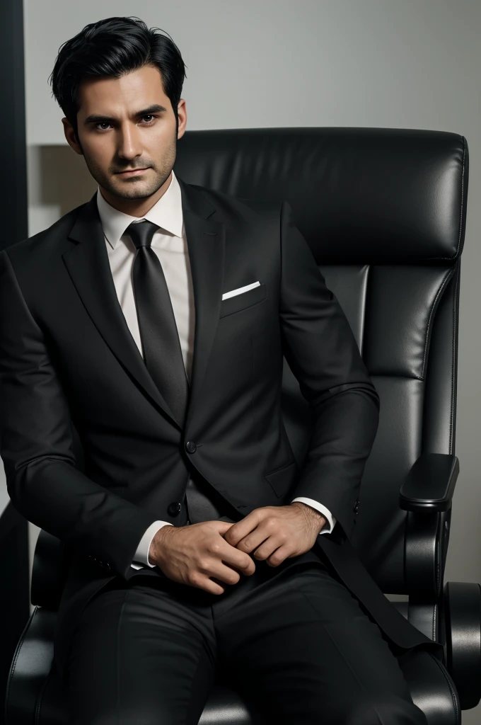 4k Ultra Hd, gaming pc graphics, Masculine, ottermode body type, dark black hair, short hair, dark black eyes, black suit with a necktie, 30 years old, no body hair, sitting in a chair, human male, no facial hair, indifferent expression