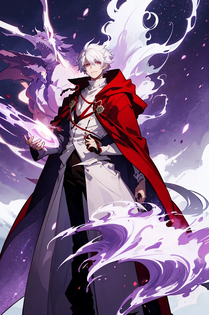 25 years old anime man with white hair, Wearing a Red cloak, Standing in front of a dragon, With one hand in his pocket, And purple aura in a form of smoke emerging out of his body