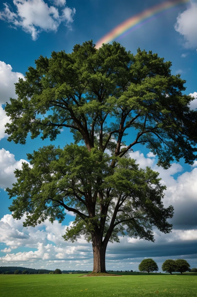 Green grass all around, a beautiful big tree in the middle, rainbow in the sky