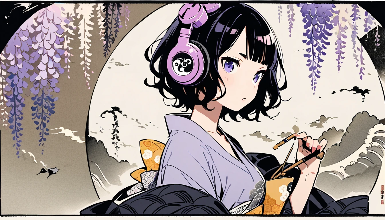 Highest quality, Katsushika Hokusai, Ink Painting, (((shorthair))), (((1 girl))), (((Light purple T-shirt))), Japanese style headphones, Wisteria flower, beautiful girl, Black Hair, Delicate and precise, Modern ukiyo-e style