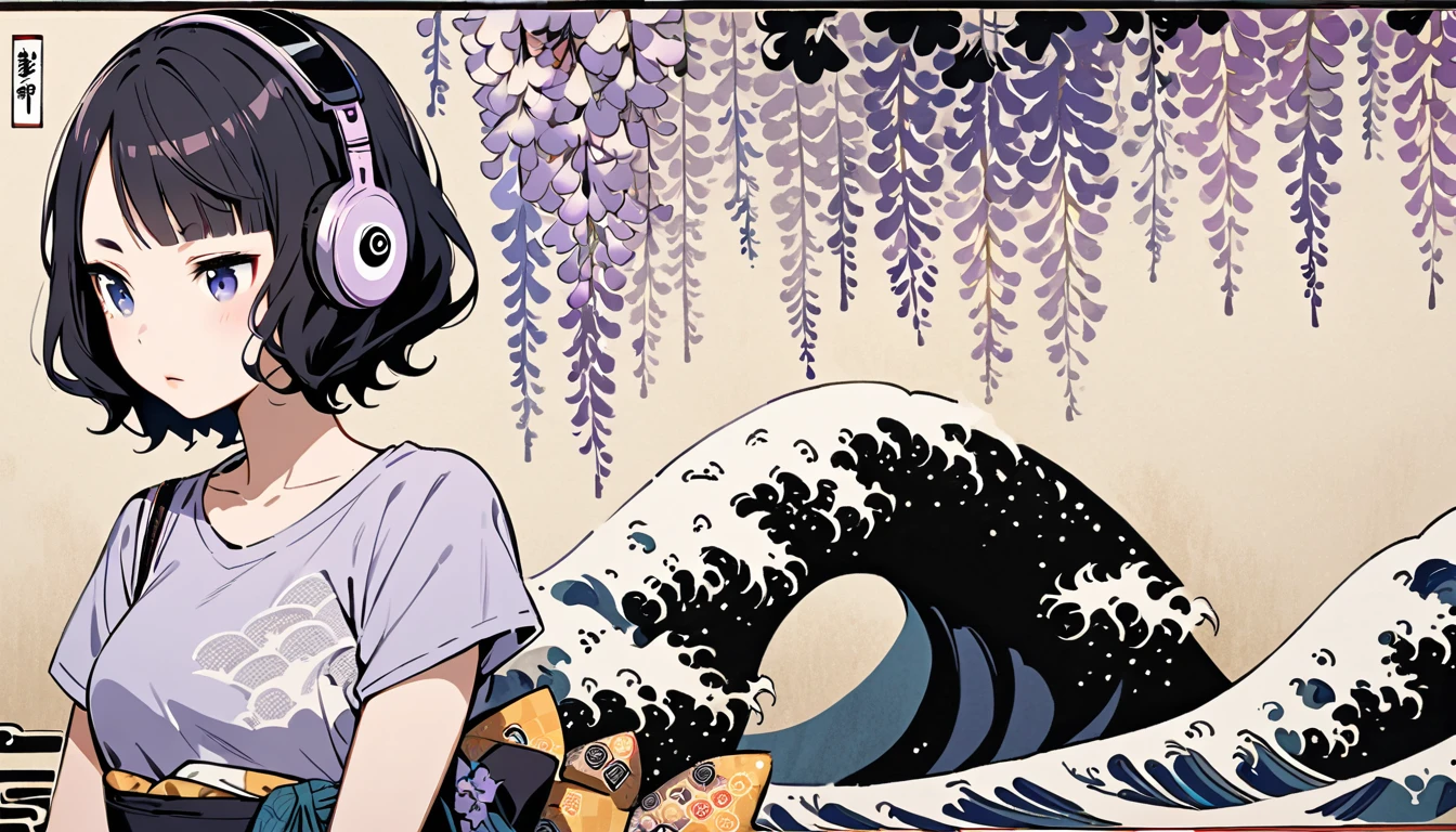 Highest quality, Katsushika Hokusai, Ink Painting, (((shorthair))), (((1 girl))), (((Light purple T-shirt))), Japanese style headphones, Wisteria flower, beautiful girl, Black Hair, Delicate and precise, Modern ukiyo-e style
