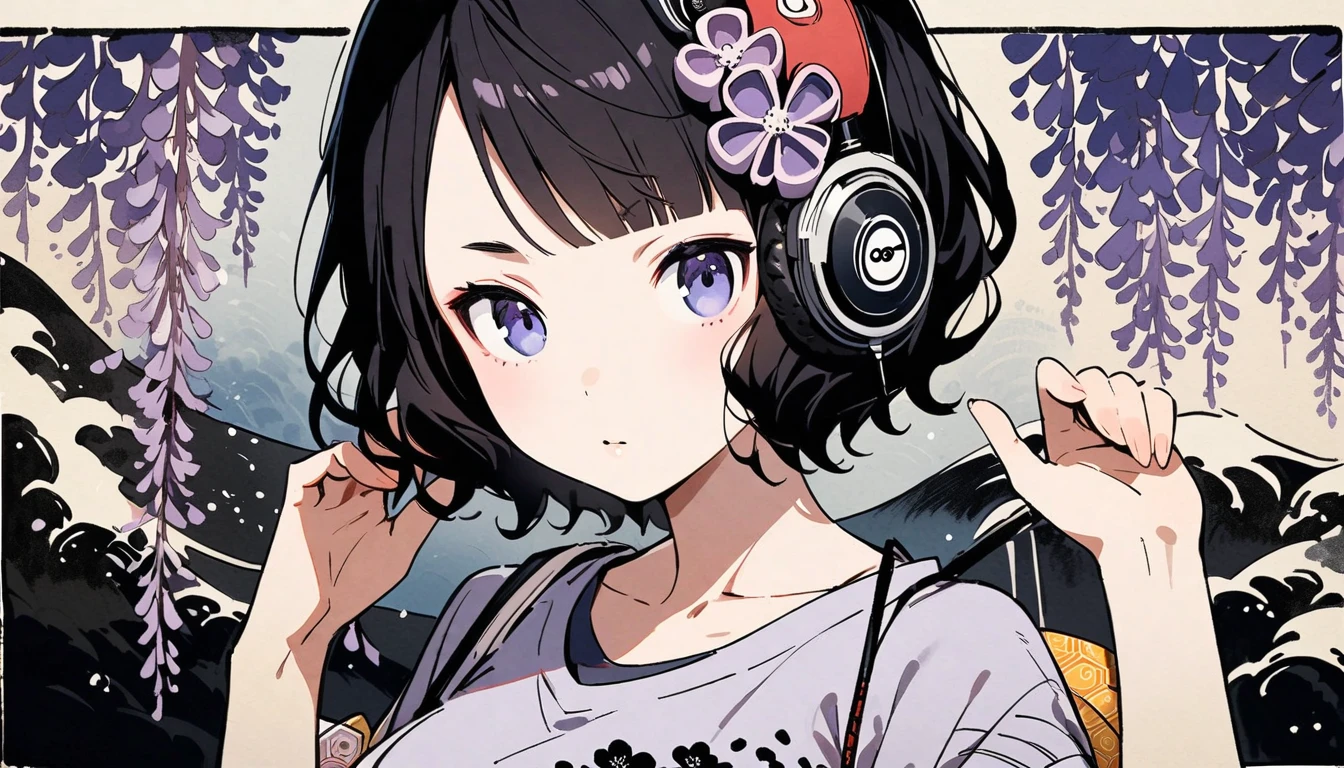 Highest quality, Katsushika Hokusai, Ink Painting, (((shorthair))), (((1 girl))), (((Light purple T-shirt))), Japanese style headphones, Wisteria flower, beautiful girl, Black Hair, Delicate and precise, Modern ukiyo-e style