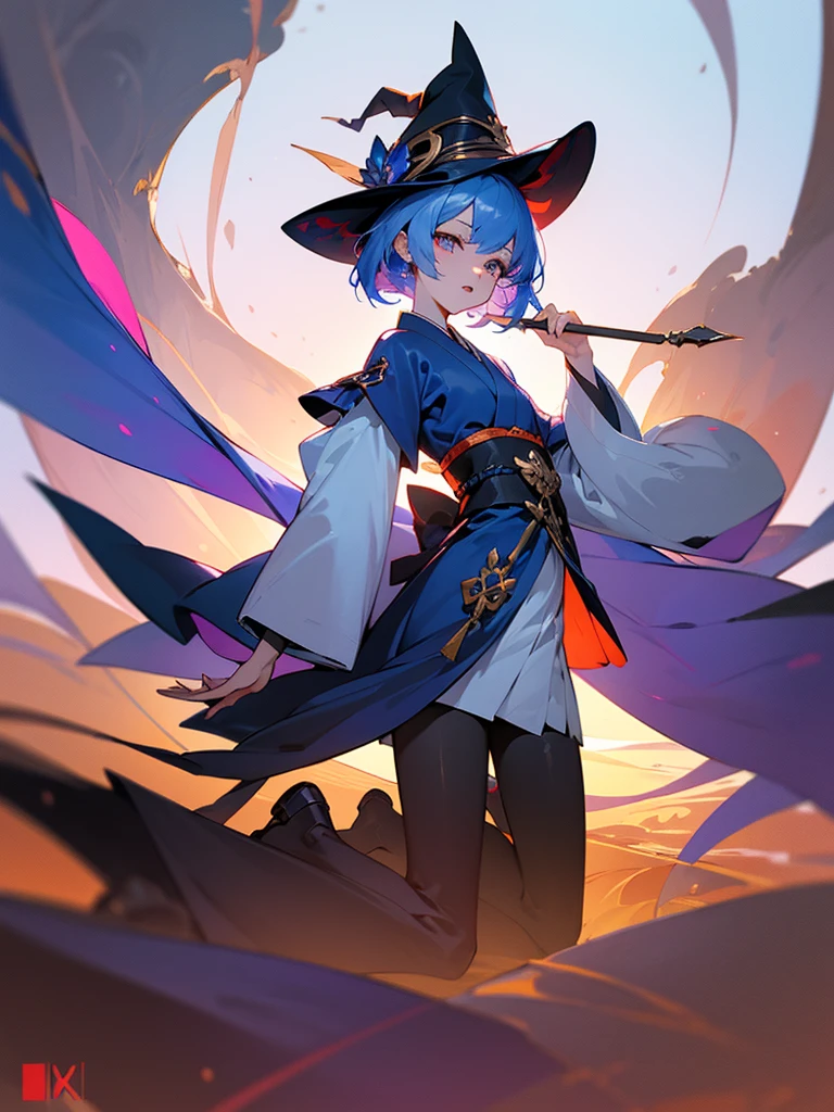 White Background, Blue Skirt,Solo Female, alone, (Kneel), (Kneel on white glass surface), (Cent, small), (White Background), (Witch Hat), curly, Looking at the audience, Panoramic View, vision, It begins with the night of the ark., Popular topics on Art Station pixiv, Arc Knight, pixiv Digital Art,The Detailed Art of the Onmyoji, Japanese anime fantasy illustration, author:Hero, Anime Art Wallpapers 8K, Sky Witch, pixiv style, anime art wallpaper 4k, anime art wallpaper 4k, (Clean background), Ink painting style,Beautiful colors,The decisive cut,広いblank領域, blank, space,masterpiece, Very sophisticated,A magnificent work,expensive、expensive品質,Highest quality,4K