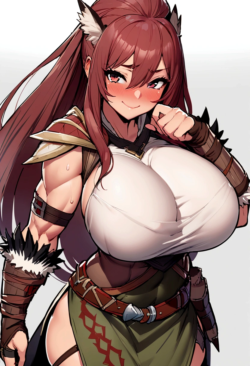 ((monsterhunter)), looking the viewer, solo, girl, shy, red cheek, bashful, embarrassed, smiling, perfect face, muscular, ((big breasts)), ((big boobs)),  long hair, beautiful eye, warrior