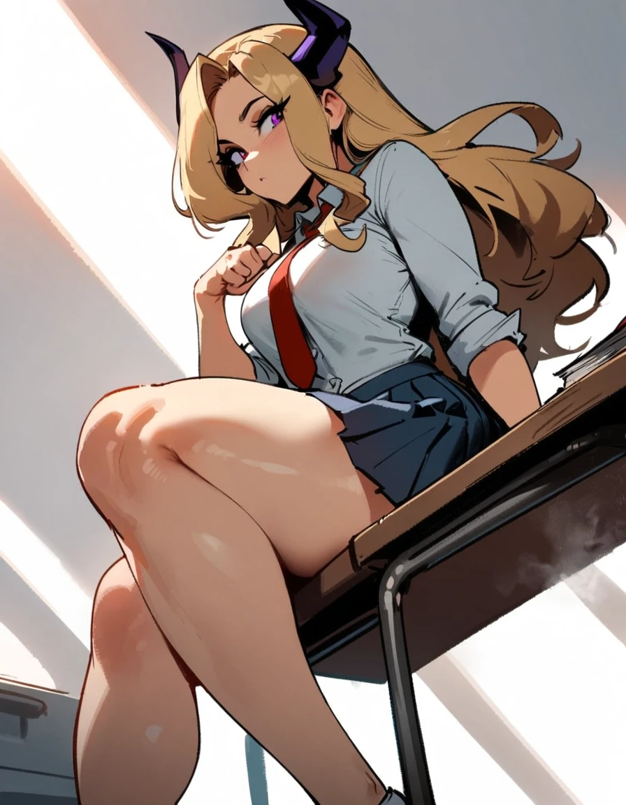 1girl, mount lady, boku no hero academia \\\\\ masterpiece, best quality, very aesthetic, absurdres, newest \\\\\\ sportive body, \\\\\\ by dodok, nyantcha, cutesexyrobutts, by khyle ///// blonde, purple eyes, (school uniform:1.2), skirt, , 24 years old, white background,tie,sit on desk, below view,