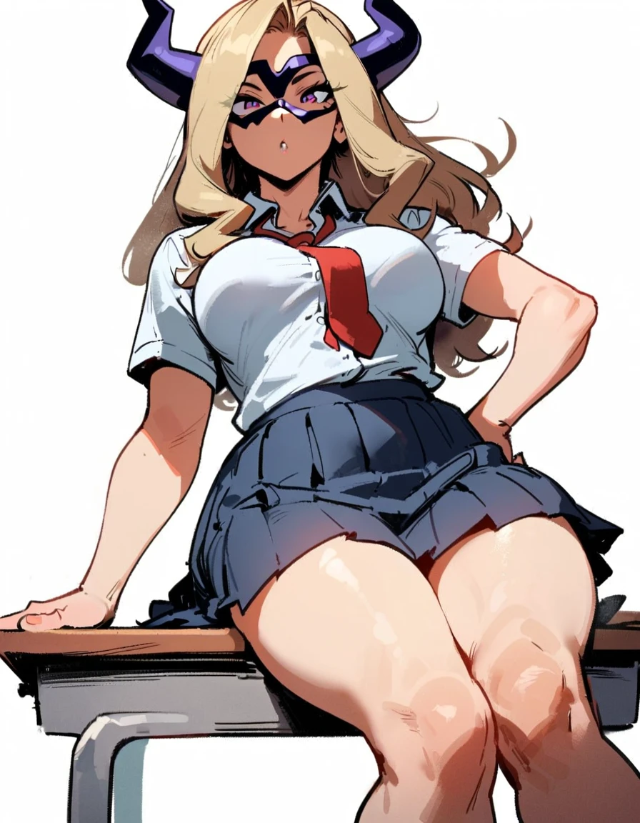 1girl, mount lady, boku no hero academia \\\\\ masterpiece, best quality, very aesthetic, absurdres, newest \\\\\\ sportive body,  \\\\\\  by dodok, nyantcha, cutesexyrobutts, by khyle ///// blonde, purple eyes,  (school uniform:1.2), skirt, , 24 years old, white background,tie,sit on desk, below view, 