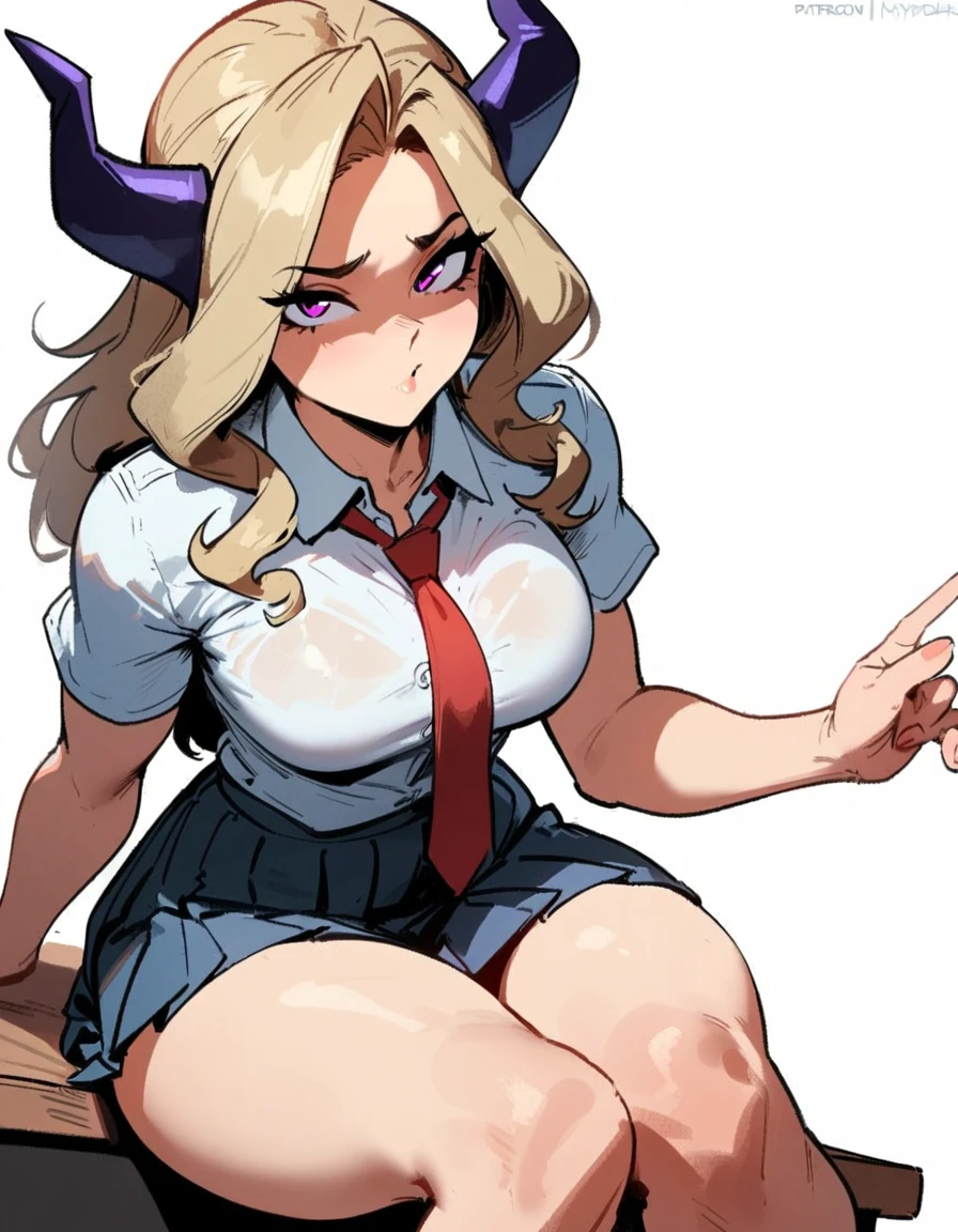 1girl, mount lady, boku no hero academia \\\\\ masterpiece, best quality, very aesthetic, absurdres, newest \\\\\\ sportive body,  \\\\\\  by dodok, nyantcha, cutesexyrobutts, by khyle ///// blonde, purple eyes,  (school uniform:1.2), skirt, , 24 years old, white background,tie,sit on desk, below view, 