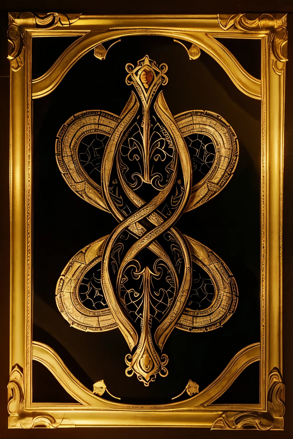 snake wraps around a patterned magic wand. The image is made in high quality and framed by a vignette of intertwined trees in the shape of a heart. 
The coat of arms with a large letter H is depicted at the top in the center. The image is made in graphics.