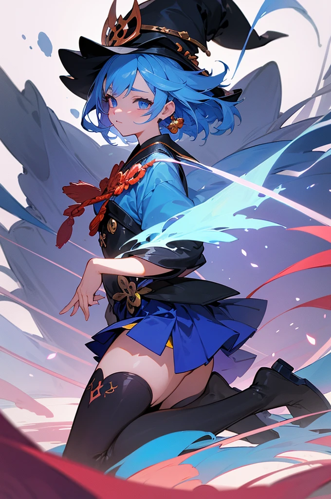 White Background, Blue Skirt,Solo Female, alone, (Kneel), (Kneel on white glass surface), (Cent, small), (White Background), (Witch Hat), curly, Looking at the audience, Panoramic View, vision, It begins with the night of the ark., Popular topics on Art Station pixiv, Arc Knight, pixiv Digital Art,The Detailed Art of the Onmyoji, Japanese anime fantasy illustration, author:Hero, Anime Art Wallpapers 8K, Sky Witch, pixiv style, anime art wallpaper 4k, anime art wallpaper 4k, (Clean background), Ink painting style,Beautiful colors,The decisive cut,広いblank領域, blank, space,masterpiece, Very sophisticated,A magnificent work,expensive、expensive品質,Highest quality,4K