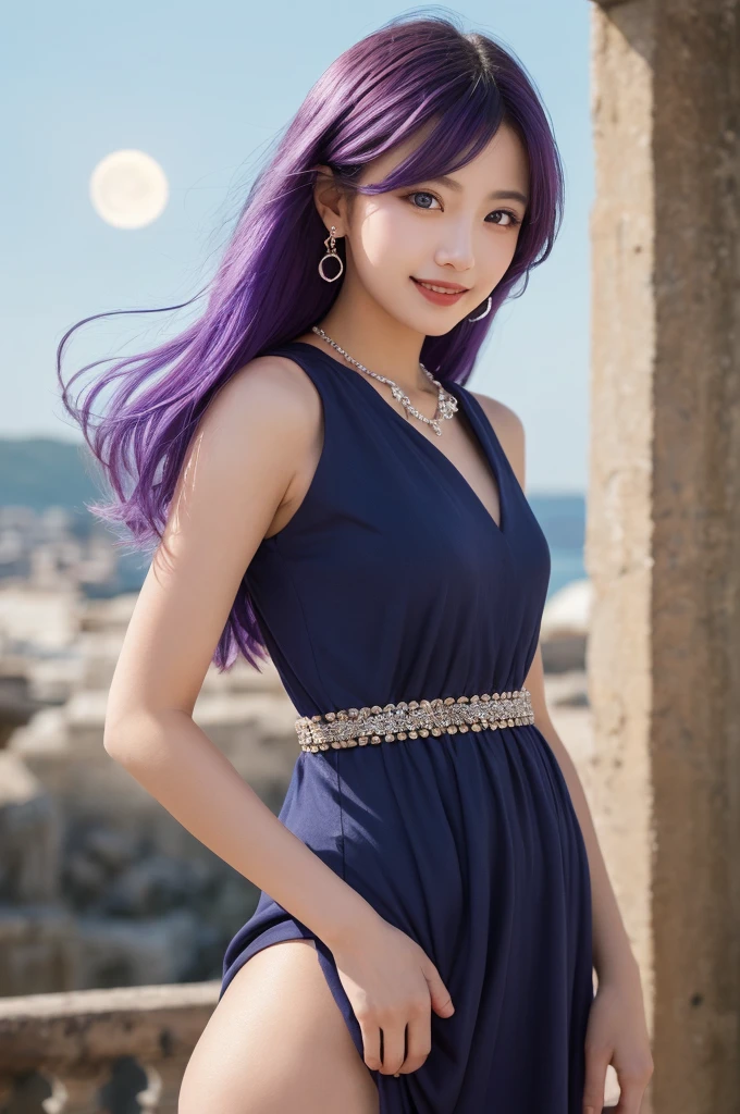 a cute girl, 1 girl, solo, Japanese, chignon, beautiful blue eyes, BREAK, ((masterpiece)), ((best quality)), (ultra-detailed), ((kawaii)), cute, ((lovely)), ((extremely detailed)), (detailed face), (depth of fields), (detailed eye), (detailed facial features), (detailed clothes features), 4K, (8K), best quality, dynamic pose, (body shot:1.3), BREAK, (beautiful navy blue dress:1.3), she wears a skimpy wizard dress, (beautiful purple hair:1.3), ((beautiful eyes)), white teeth, earrings, bib necklace, smile, BREAK, (super full moon:1.3), mystical ancient ruins, greek architecture, shiny,