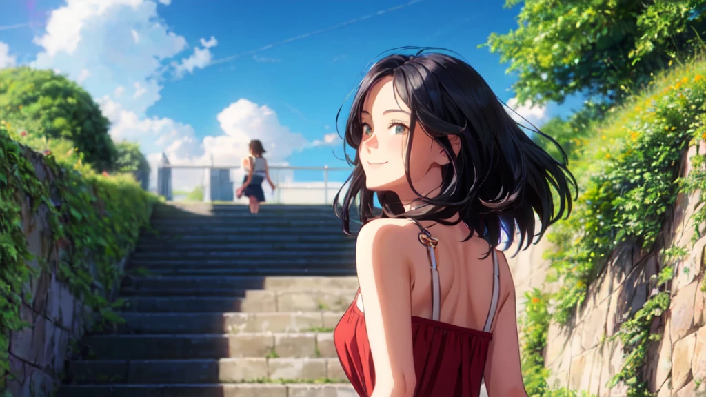 A lovely 18-year-old girl looking back at the midsummer blue sky with a smile,whole body,Black Hair,Detailed representation,Full of hope,My hair is blowing in the wind,Beautiful face立ち,Climbing the stairs,Beautiful face,White T-shirt